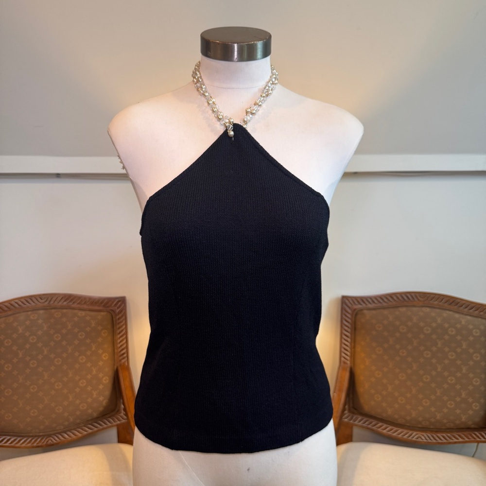 Vintage St. John Black Knit Halter Tank Top with Swarovski Crystal Neck Details